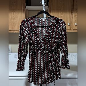 Dress Barn White Red Ring Pattern 3/4 Sleeve Robe Blouse Women's Size M